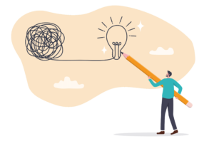 man with a big pencil going from chaos to lightbulb